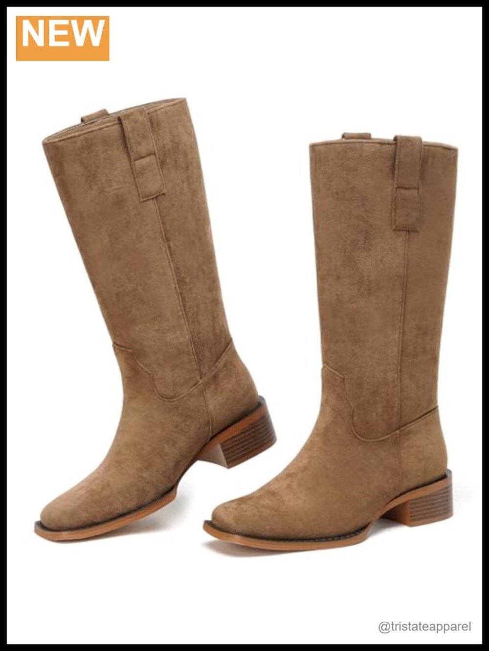 Faux Suede Mid Calf Riding Boots Chunky Block Heel Pull On Square Toe